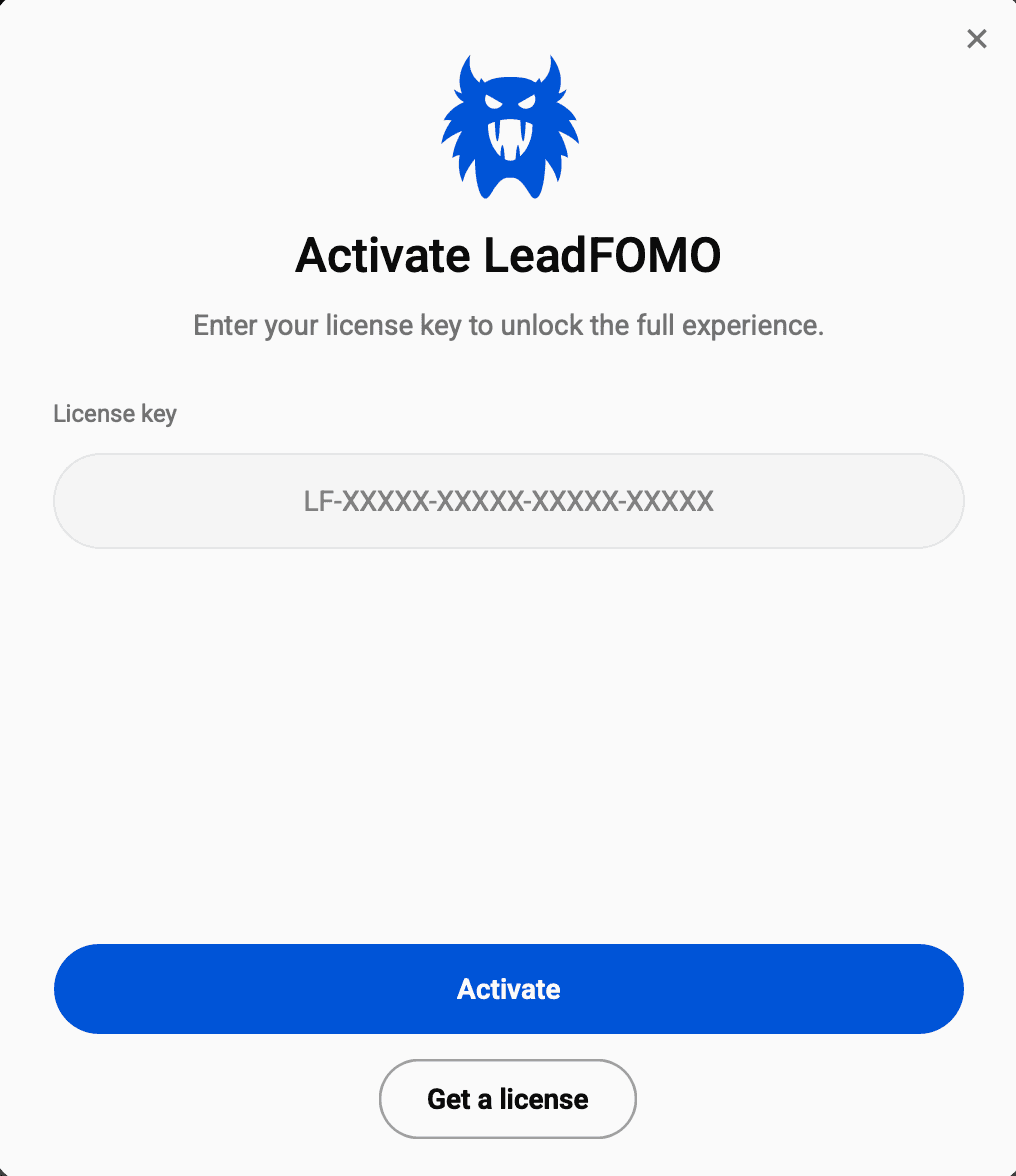 LeadFOMO activation dialog asking for the license key that is emailed after purchase