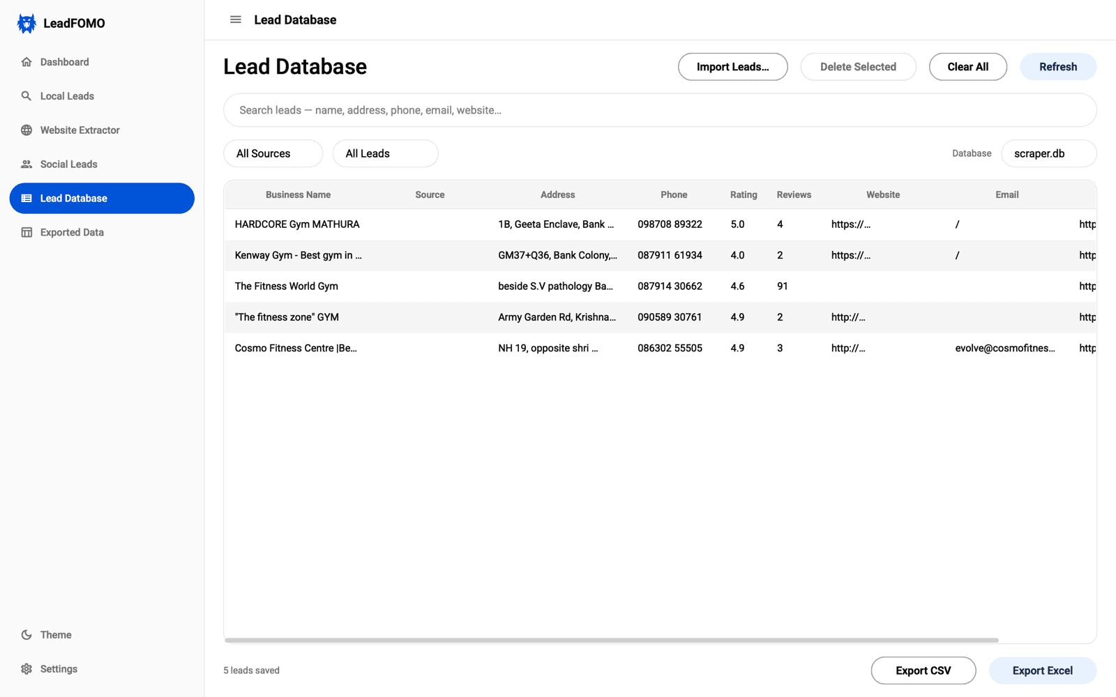 LeadFOMO local Lead Database with saved business records, search, source filters, and export buttons