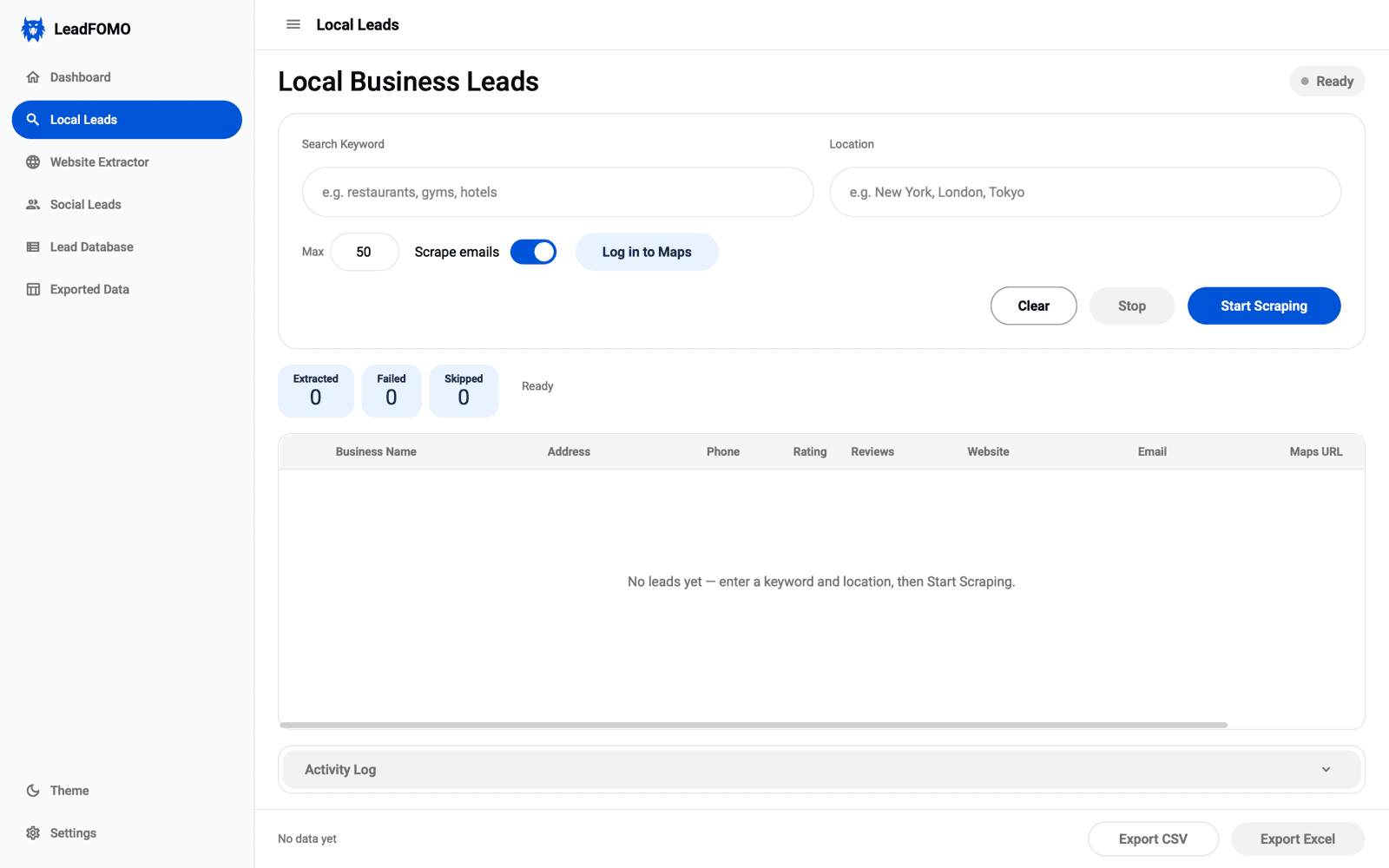 LeadFOMO Local Leads tool with a keyword and location search form, result limits, and a business results table